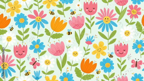 Charming Spring Floral Pattern with Cute Smiling Bees and Butterflies on a Light Green Background