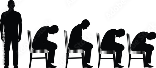 Depressed man silhouette sequence sitting on chair, emotional stress and mental health concept illustrating loneliness, sadness and psychological struggle