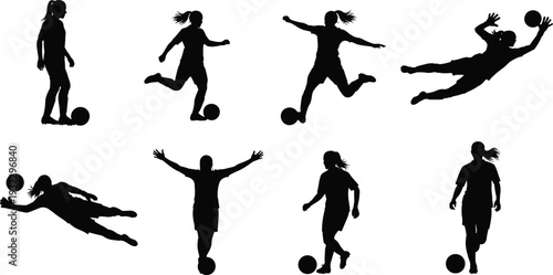 Women soccer player silhouette set showing football action poses, athletic female movements with ball for sport training and competition concepts