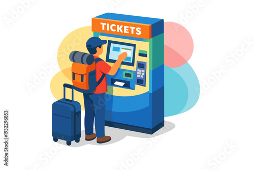 Traveler buying ticket from automated machine with luggage.