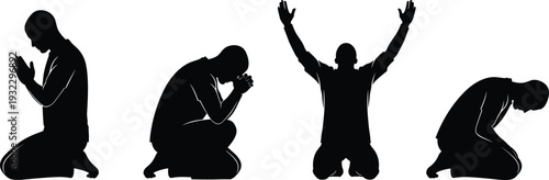 Praying man silhouette set showing kneeling and raised hands poses, spiritual faith concept illustration for worship, hope and devotion