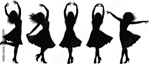 Dancing women silhouette set with graceful movement poses, feminine ballet and modern dance figures expressing elegance, freedom and artistic performance