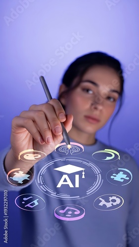 Woman interacting with AI interface displaying graduation cap and brain with surrounding symbols