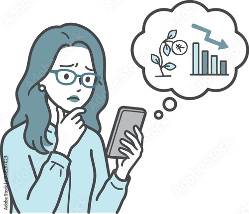 資産運用がうまくいかず悩む女性のイラスト（投資下落・相場悪化）