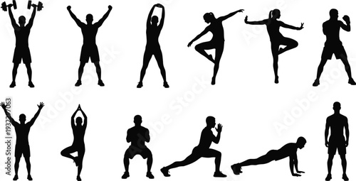 Fitness exercise silhouette set with workout, yoga and training poses, athletic human figures demonstrating strength, balance and healthy lifestyle