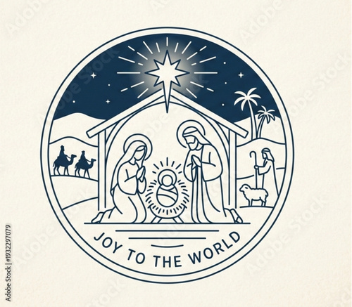 Joy to the world nativity scene emblem in circular line art style