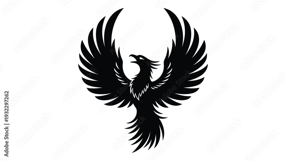 Obraz premium A black silhouette of a phoenix with wings spread isolated on white background, Vector