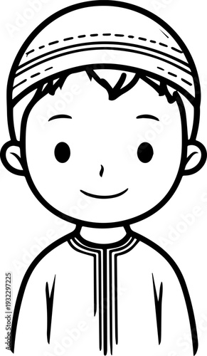 Smiling boy wearing traditional Muslim clothing and kufi cap