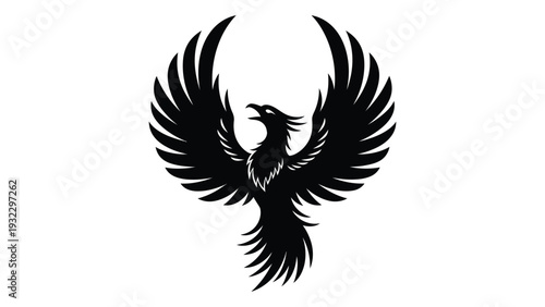 A black silhouette of a phoenix with wings spread isolated on white background, Vector