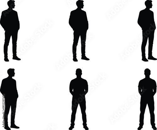 Collection of six male silhouettes in business attire, standing with hands in pockets or clasped, presented on a clean white background.
