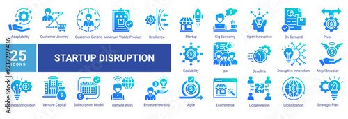 Startup Disruption icon set illustrating startup ecosystems,entrepreneurship,agile strategy,customer-centric growth,funding,scalability,remote work,and modern business innovation in disruptive markets