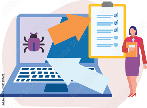 The girl is standing next to the laptop