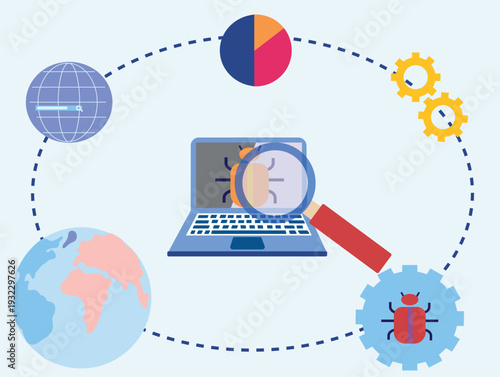 Searching bug virus on laptop.