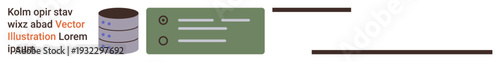 Data storage, digital platforms, cloud computing, database systems, technology workflows, information management. Circular database icon and green interface element. Data storage and digital