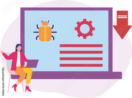 The girl working in laptop about bug virus