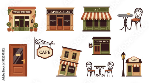Collection of charming cafe storefronts, outdoor seating areas, and architectural elements, evoking a cozy and inviting atmosphere for coffee lovers.