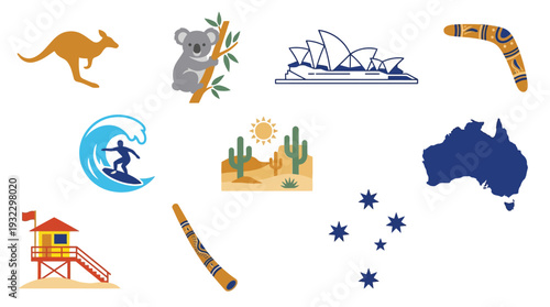 A vibrant collection of iconic Australian symbols and imagery, including a kangaroo, koala, Sydney Opera House, boomerang, surfer, desert landscape, didgeridoo, and the Southern Cross constellation.