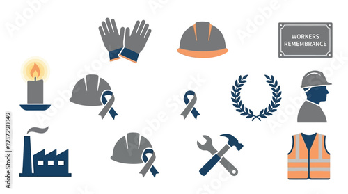 Collection of icons representing workers' remembrance, safety, and industry, including hard hats, gloves, a candle, a factory, and tools.
