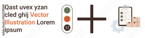 Customer feedback, logistics, supply chain, evaluation, organization, business process. Graphic includes a rating scale with happy faces, a checklist and stacked boxes. Customer feedback