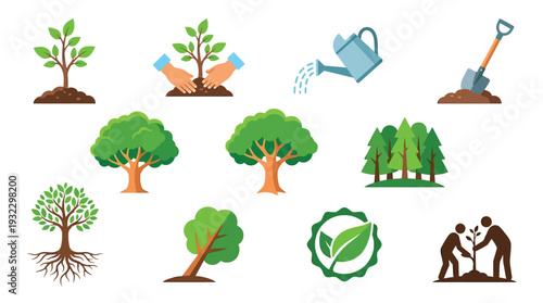 Collection of illustrations depicting various aspects of trees, planting, and environmental care.