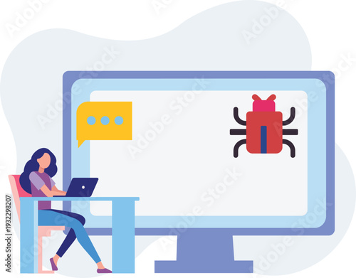 The girl working about bug virus on laptop.