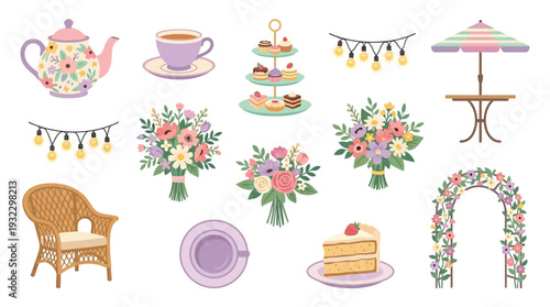 A charming collection of elements for a garden party or tea gathering, including a teapot, teacup, cupcakes, floral bouquets, string lights, a wicker chair, a cake slice, and a floral archway.