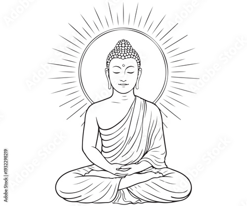 Buddha sitting in lotus position with glowing halo line art