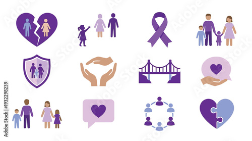 Collection of purple icons representing family, support, and community, including a broken heart, a bridge, and people holding hands.