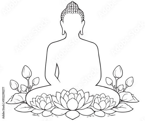 Buddha silhouette with lotus flowers line drawing