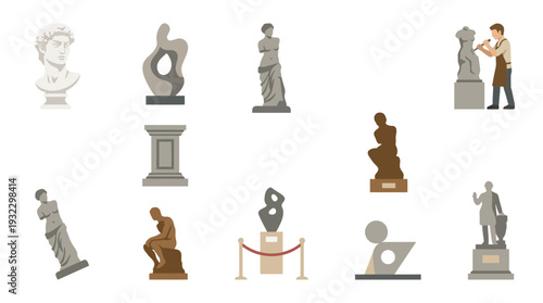 A collection of diverse sculptures and artistic representations, showcasing classical busts, abstract forms, and figurative statues.