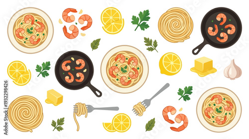 A vibrant collection of ingredients and dishes featuring shrimp and pasta, presented in a playful, illustrative style.