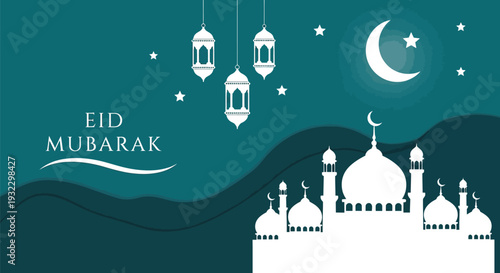 Mosque silhouette shines under crescent moon and hanging lanterns for a festive Eid Mubarak greeting banner design.