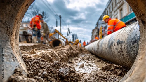 Workers laying new water pipes in construction site under cloudy sky  