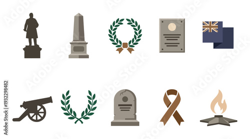 Collection of Memorial and Remembrance Icons, including statues, tombstones, wreaths, cannons, and flags, symbolizing remembrance and honor.