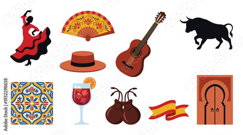 A vibrant collection of iconic Spanish cultural symbols, including flamenco dancer, bull, guitar, fan, and traditional architecture.