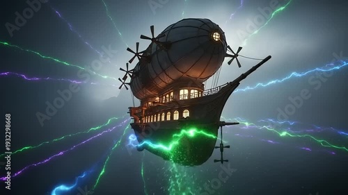 Futuristic Airship Sailing Through Stormy Night Sky.