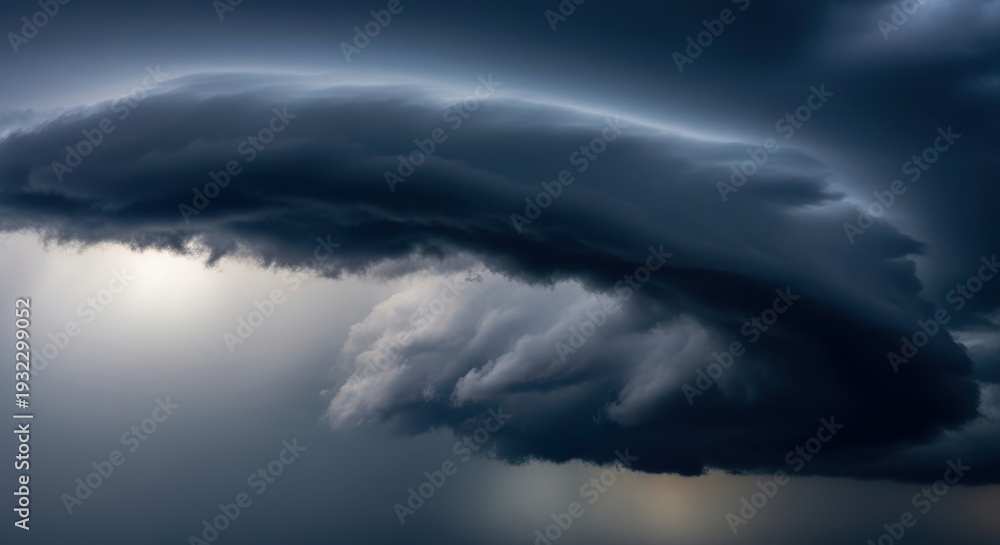 Fototapeta premium Dramatic view of a swirling, dark atmospheric cloudscape suggesting severe weather, potential danger, wind, and heavy rainfall approaching swiftly, cloud, dangerous, wind