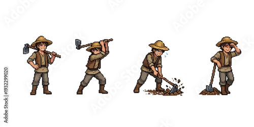 pixel art villager spritesheet of a humble farmer working the land with a garden hoe.