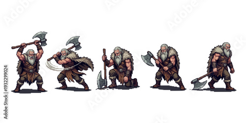 pixel art barbarian warrior featuring an elderly viking with a white beard and fur cloak.