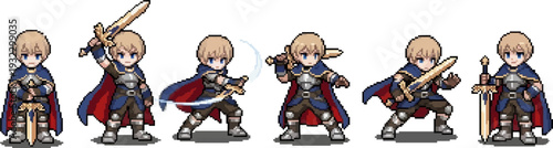 pixel art hero sprites of a blonde paladin knight in blue cape and silver armor.
