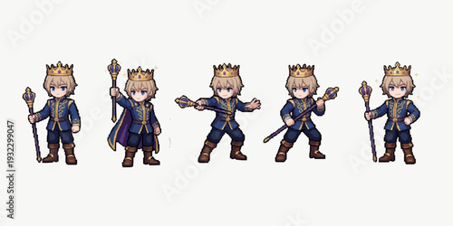 pixel art royal character spritesheet depicting a young king in blue robes holding a scepter.