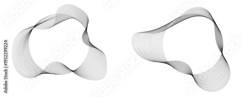 Two abstract linear liquid shapes, fluid and wavy black lines creating organic forms on Vector illustration.