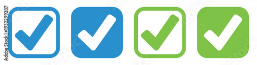 Tick symbols in square frames with blue and green color variants Vector illustration.