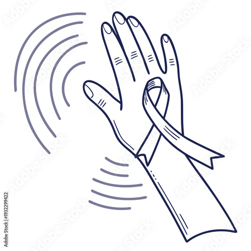 Hand with blue awareness ribbon, ringing sound waves, Parkinson's symbol, tremor, gesture, support, help, sign, communication, health, disease, awareness