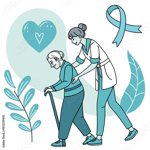 Caring nurse helping senior woman with a cane walk illustration social work with elderly patients and dementia awareness month