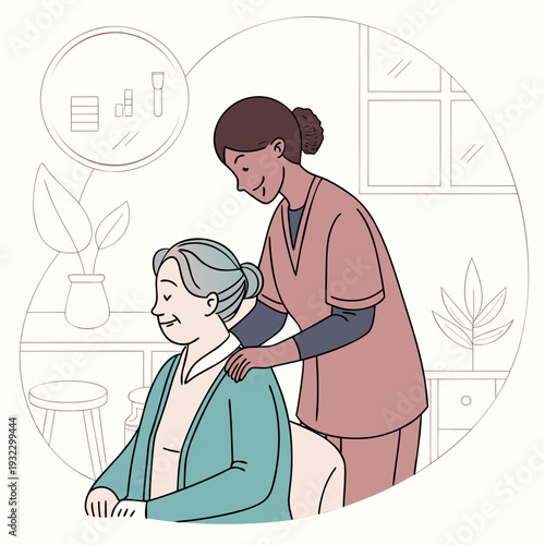 Caregiver providing professional shoulder massage to elderly woman in healthcare facility for relaxation and pain relief during physical therapy session