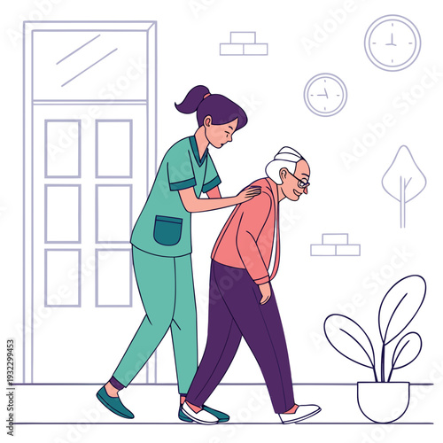 Caring nurse helping elderly woman walk indoors showing support and assistance to senior patients with walking difficulties