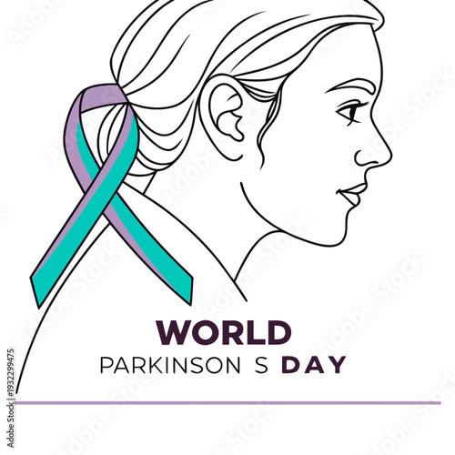 World parkinson day profile portrait of woman with purple and teal awareness ribbon in her hair for medical campaign and healthcare social media post