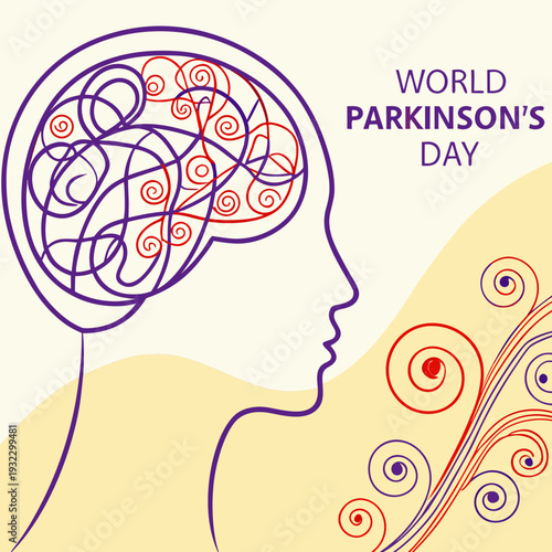 World Parkinson's Day graphic featuring a stylized brain within a head silhouette and abstract swirling patterns