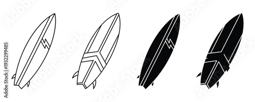 Various surfboard designs featuring line art and solid black vector silhouettes.